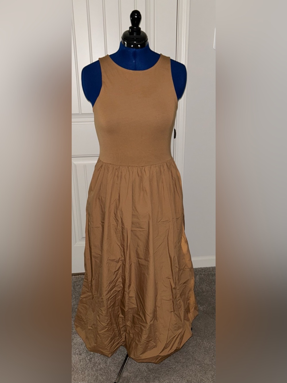 Loft Sleeveless Tan Bubble-Hem Maxi Dress